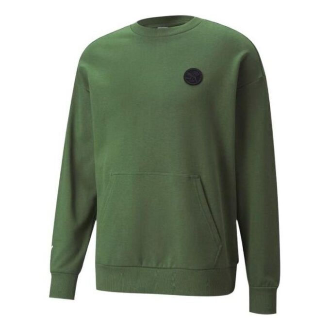 Enfärgad Logotyp Rund Halsad Tröja Långärmad Unisex Grön