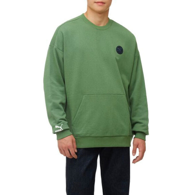 Enfärgad Logotyp Rund Halsad Tröja Långärmad Unisex Grön