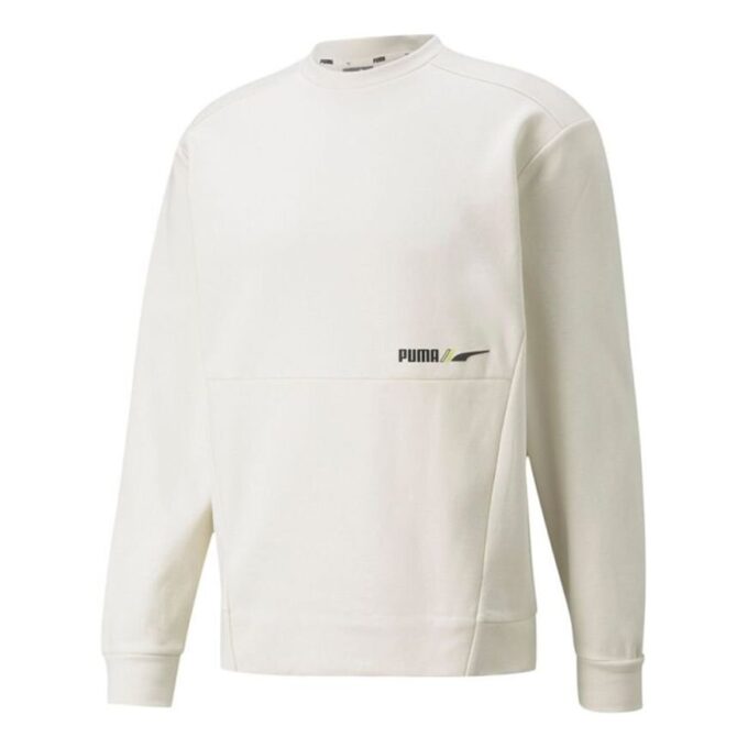 Herr PUMA Winterized Crew Logo Enfärgad Fleecefodrad Sportstickad Rundhalsad Tröja Vit
