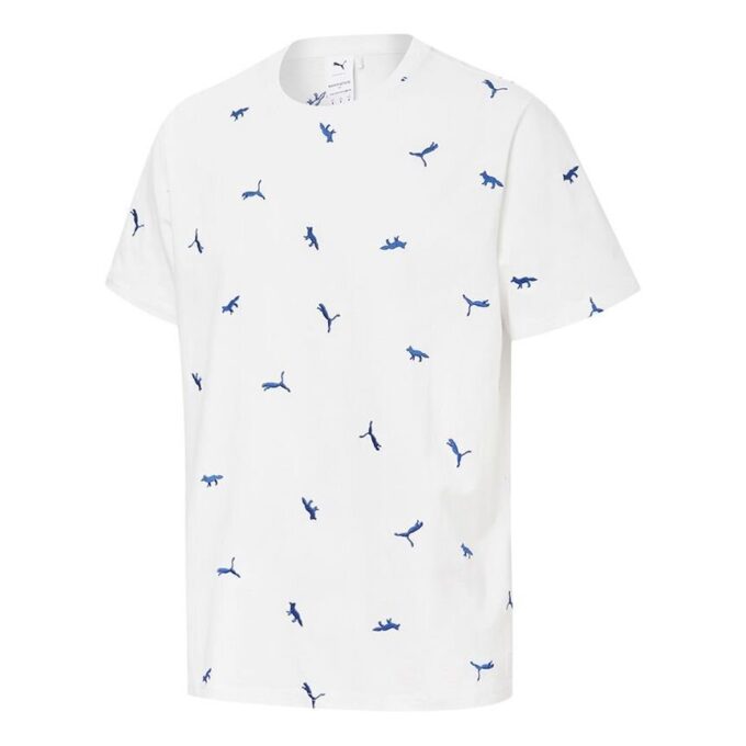 PUMA x Maison Kitsune Crossover Aop T-shirt Broderad Logotyp Sport Rund Hals Kortärmad Vit