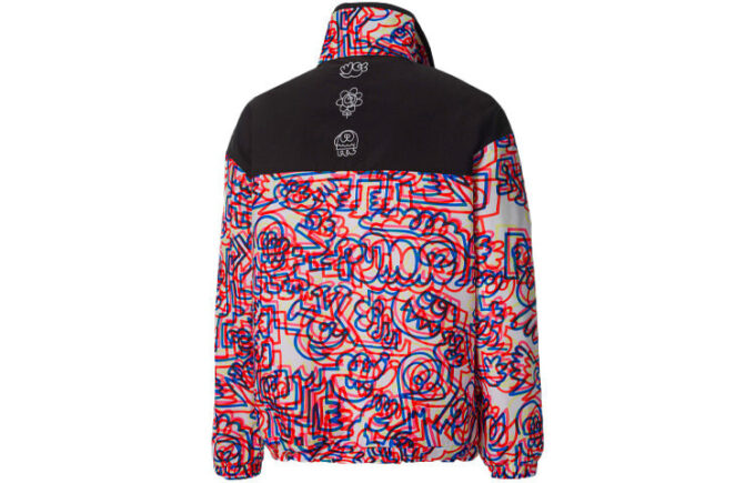 PUMA x Mr Doodle Crossover Graffiti Tryck Kontrasterande Färger Kofta Stand Collar Jacka Röd