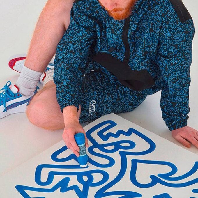 PUMA x Mr Doodle Crossover Graffiti Tryck Kontrastfärgade Kofta Stand Collar Jacka Blå