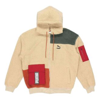 Retro Block Sherpa Heldragkedjetröja ”Beige Röd Grön”