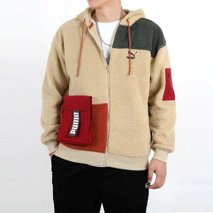 Retro Block Sherpa Heldragkedjetröja ”Beige Röd Grön”