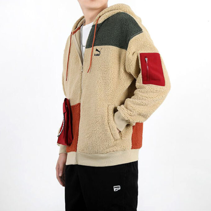 Retro Block Sherpa Heldragkedjetröja ”Beige Röd Grön”