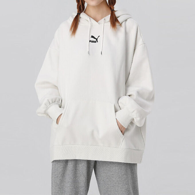 (WMNS) Classics Oversized Logo Print Plus Fleece Keep Warm Hoodie Grå